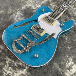 semi hollow body tl electric guitar f hole quilted maple top basswood body maple neck hh pickups jazz bridge 6 strings rosewood fretboard blue color chrome hardware
