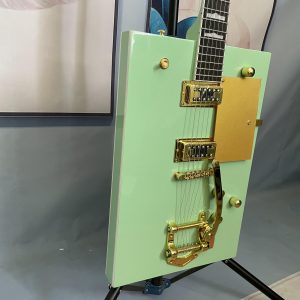 bo diddley green electric guitar 6 string basswood maple neck with rosewood fretboard, golden tone jazz bridge & hardwired electronics, vintage style for jazz & rock music, electric guitar, rock and roll guitar, classic guitar design, detailed craftsmanship