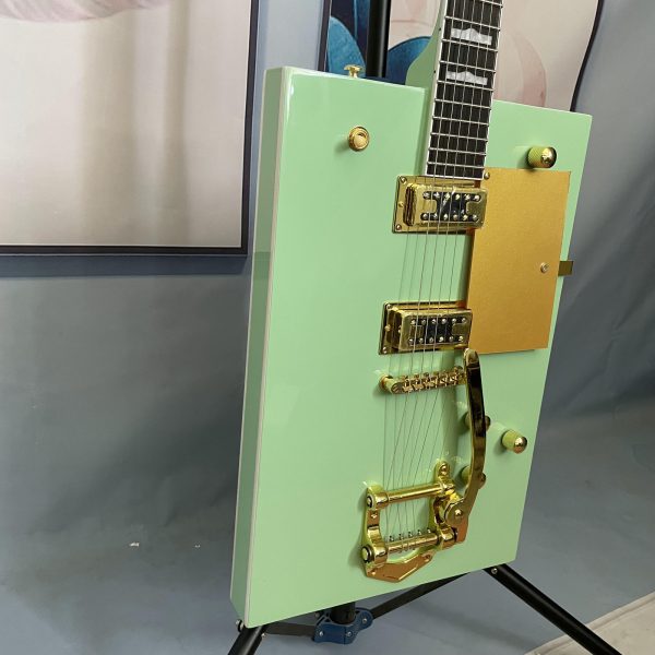 bo diddley green electric guitar 6 string basswood maple neck with rosewood fretboard, golden tone jazz bridge & hardwired electronics, vintage style for jazz & rock music, electric guitar, rock and roll guitar, classic guitar design, detailed craftsmanship