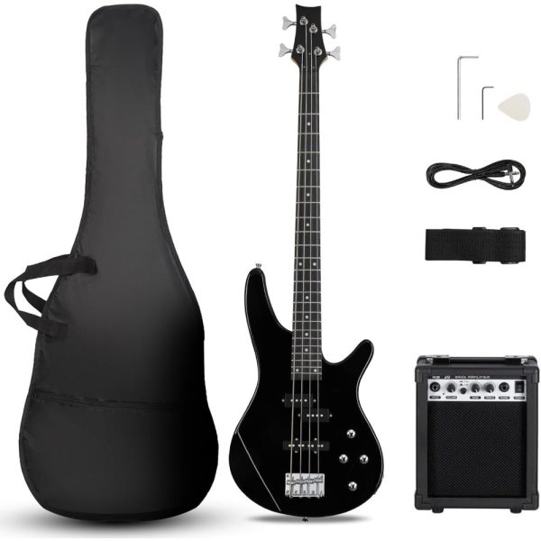 4 string electric bass guitar with 20w amplifier, pj pickup, maple neck & rosewood fretboard, basswood body – includes gig bag, shoulder strap, and accessories – perfect for live performances and practice sessions