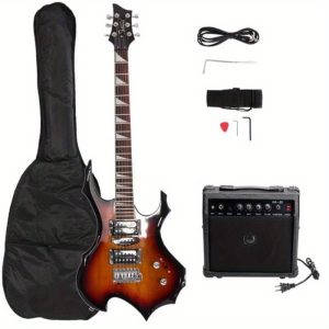 glarry flame shaped electric guitar with 20w electric guitar sound hsh pickup novice guitar audio bag strap picks shake cable wrench tool sunset color