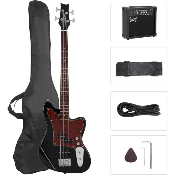1pc glarry 4 string electric bass guitar kit for beginners, includes 20w amp, full size bass with digital tuner, amp cable, strap, gig bag, and accessories black, battery/usb powered, ≤36v