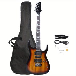 novice entry level 170 electric guitar hsh pickup bag strap paddle rocker cable wrench tool sunset color basswood & acacia wood, adjustable strap, durable construction, no battery needed, guitar accessories, rocker shaped paddle, natural wood finish