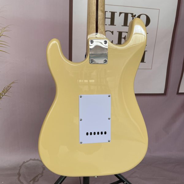 cream yellow 6 string solid basswood body electric guitar maple fretboard and neck st shape sss pickups chrome hardware
