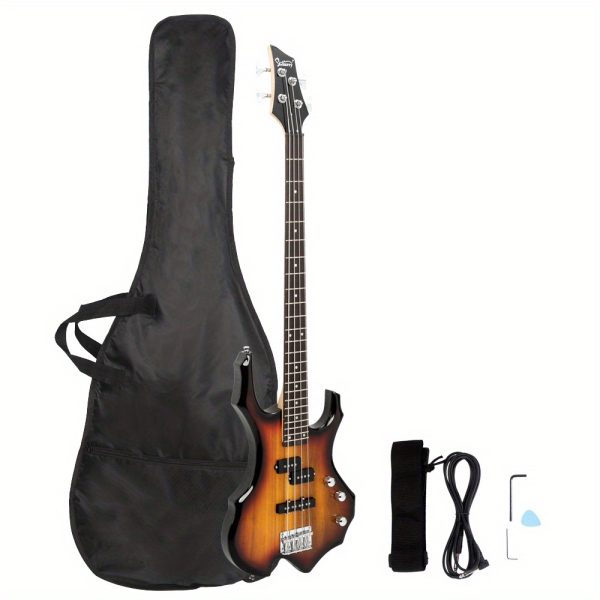 burning fire electric bass guitar full size 4 string cord wrench tool black