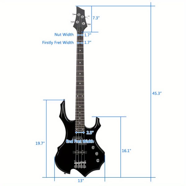 burning fire electric bass guitar full size 4 string cord wrench tool black