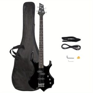 burning fire electric bass guitar full size 4 string cord wrench tool black