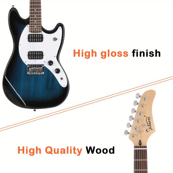 full size blue 6 string gmf electric guitar with h h pickups ideal for beginners, comes with bag, strap & accessories
