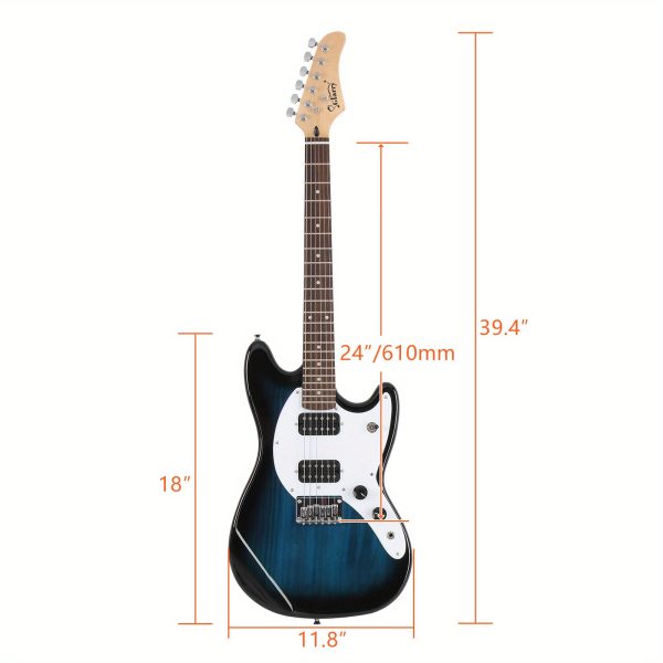 full size blue 6 string gmf electric guitar with h h pickups ideal for beginners, comes with bag, strap & accessories