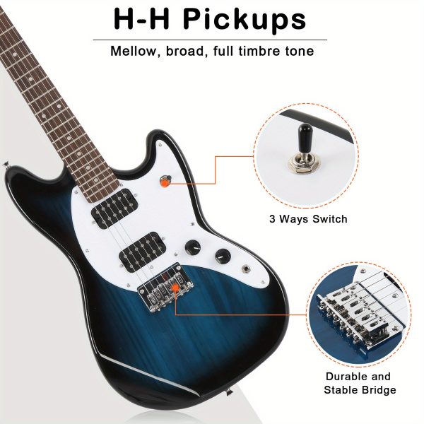 full size blue 6 string gmf electric guitar with h h pickups ideal for beginners, comes with bag, strap & accessories