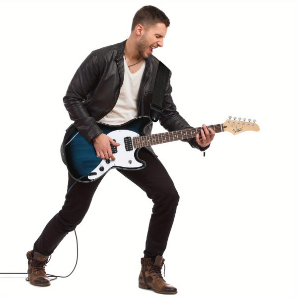 full size blue 6 string gmf electric guitar with h h pickups ideal for beginners, comes with bag, strap & accessories