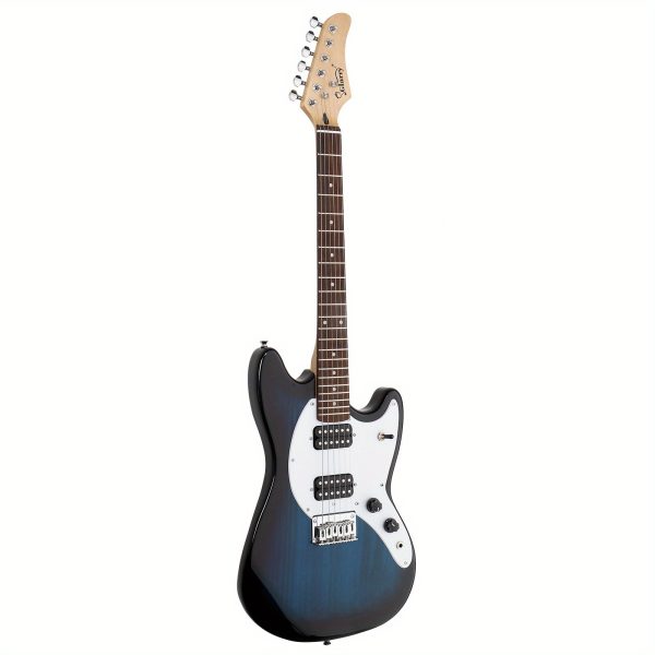 full size blue 6 string gmf electric guitar with h h pickups ideal for beginners, comes with bag, strap & accessories