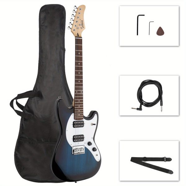 full size blue 6 string gmf electric guitar with h h pickups ideal for beginners, comes with bag, strap & accessories