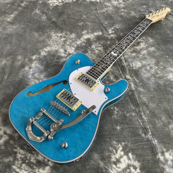 semi hollow body tl electric guitar f hole quilted maple top basswood body maple neck hh pickups jazz bridge 6 strings rosewood fretboard blue color chrome hardware