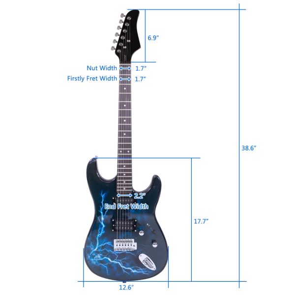black & dark blue lightning style electric guitar ideal for beginners and enthusiasts includes power cord, strap, bag, plectrums & tremolo arm