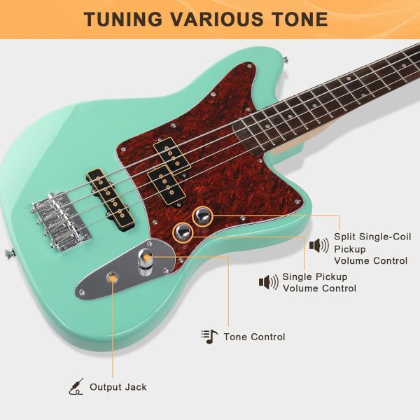 1pc glarry 4 string electric bass guitar kit for beginners, includes 20w amp, full size bass with digital tuner, amp cable, strap, gig bag, and accessories black, battery/usb powered, ≤36v