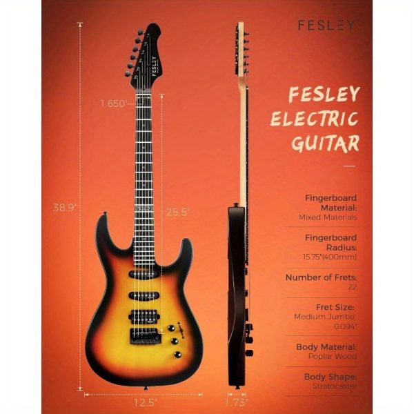 39 inch electric guitar, electric guitar kit with hss pickups, stylish poplar body electric guitar for beginner, maple neck, st style 6 string guitar with gig bag, fst400m, sunburst