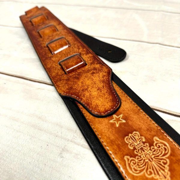 hmade gb23 vintage guitar strap heavy duty padded shoulder strap with non slip french chain, elegant latigo tan finish, compatible with acoustic, electric, bass guitars ideal for professional & beginner musicians, guitar accessories strap, fleur de lis pattern, brazilian rosewood board