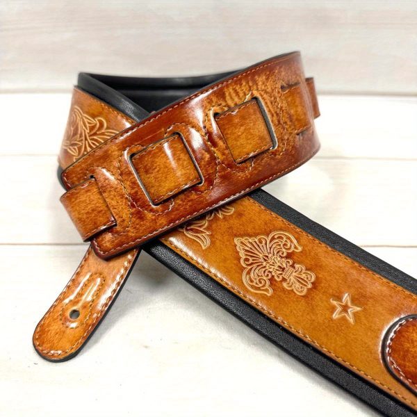 hmade gb23 vintage guitar strap heavy duty padded shoulder strap with non slip french chain, elegant latigo tan finish, compatible with acoustic, electric, bass guitars ideal for professional & beginner musicians, guitar accessories strap, fleur de lis pattern, brazilian rosewood board
