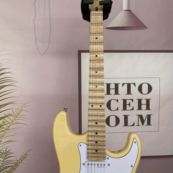 cream yellow 6 string solid basswood body electric guitar maple fretboard and neck st shape sss pickups chrome hardware