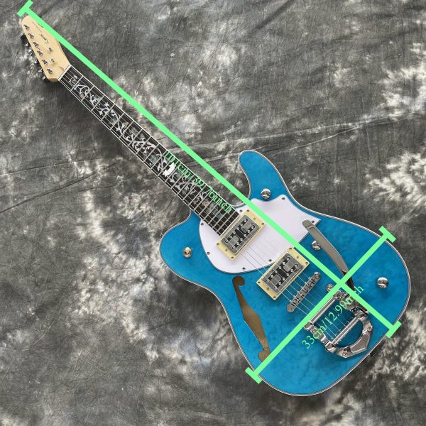 semi hollow body tl electric guitar f hole quilted maple top basswood body maple neck hh pickups jazz bridge 6 strings rosewood fretboard blue color chrome hardware