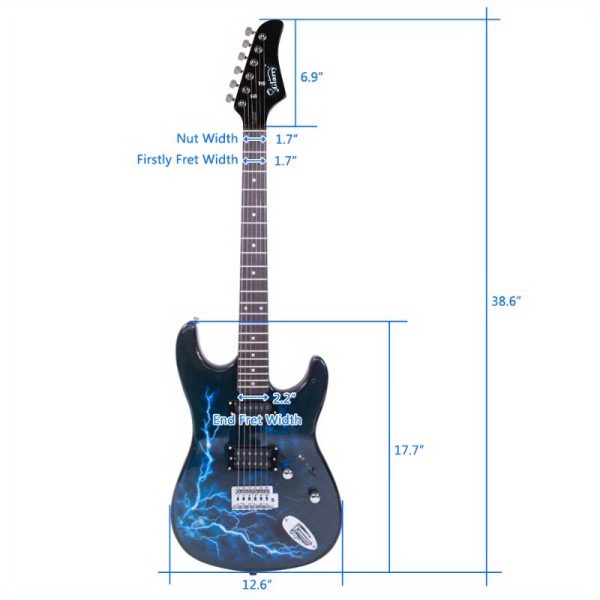 electric guitar with lightning bolt graphic design double pickup system, brazilian rosewood fingerboard & bridge, recycled wood body black & blue mixed color, no battery needed, durable for live performances & studio sessions