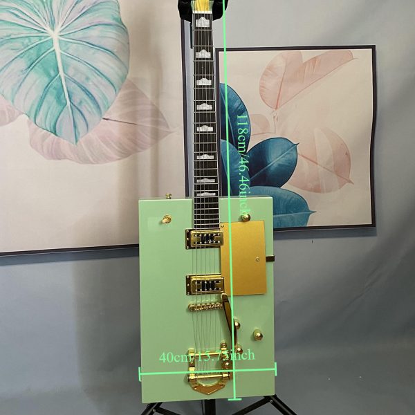 bo diddley green electric guitar 6 string basswood maple neck with rosewood fretboard, golden tone jazz bridge & hardwired electronics, vintage style for jazz & rock music, electric guitar, rock and roll guitar, classic guitar design, detailed craftsmanship