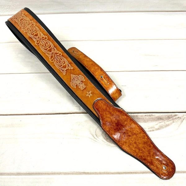 hmade gb23 vintage guitar strap heavy duty padded shoulder strap with non slip french chain, elegant latigo tan finish, compatible with acoustic, electric, bass guitars ideal for professional & beginner musicians, guitar accessories strap, fleur de lis pattern, brazilian rosewood board