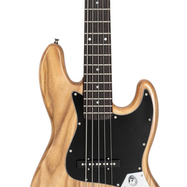 gjazz full size electric 5 string bass guitar with pickup, dual bridge system, warm burlywood tone ideal for jazz, rock, funk, blues includes strap, pick & connector wrench recycled wood construction professional bass guitar for advanced players, bass guitar gifts, jazz bassists gear, instrument, live performance, classic design, durable build, jazz musicians