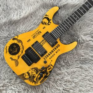 hammett moon electric guitar vintage horror gothic design with yes bye graphic, hh pickups (for heavy metal), floyd rose tremolo bridge, maple neck & basswood body professional rock & metal axe for joe hammett fans, metal music gear, floral pattern design, durable musical instrument, rosewood fretboard