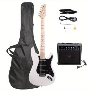 st electric guitar dual pickup modern guitar with recycled woods, white body & black pickguard, for rock, blues, jazz ideal for beginners & professionals, musical performance, sleek design, durable construction