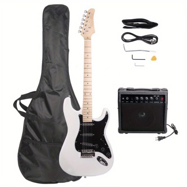 st electric guitar dual pickup modern guitar with recycled woods, white body & black pickguard, for rock, blues, jazz ideal for beginners & professionals, musical performance, sleek design, durable construction