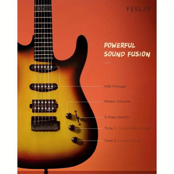 39 inch electric guitar, electric guitar kit with hss pickups, stylish poplar body electric guitar for beginner, maple neck, st style 6 string guitar with gig bag, fst400m, sunburst