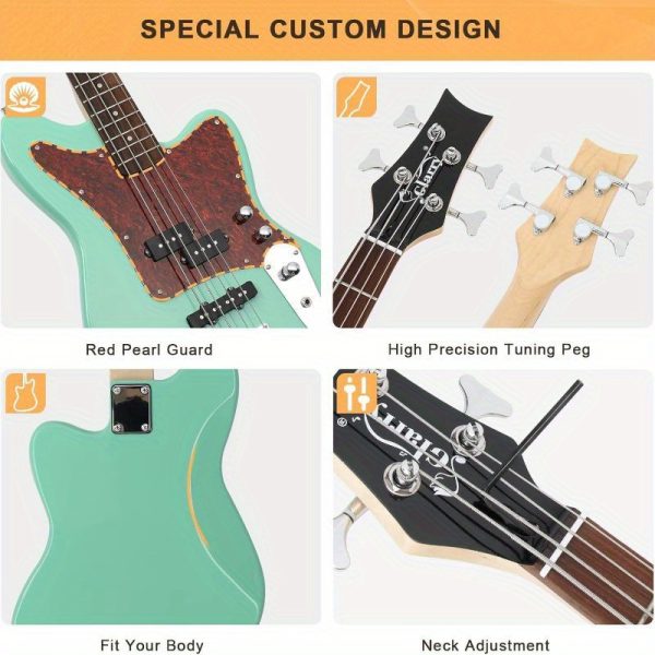 1pc glarry 4 string electric bass guitar kit for beginners, includes 20w amp, full size bass with digital tuner, amp cable, strap, gig bag, and accessories black, battery/usb powered, ≤36v