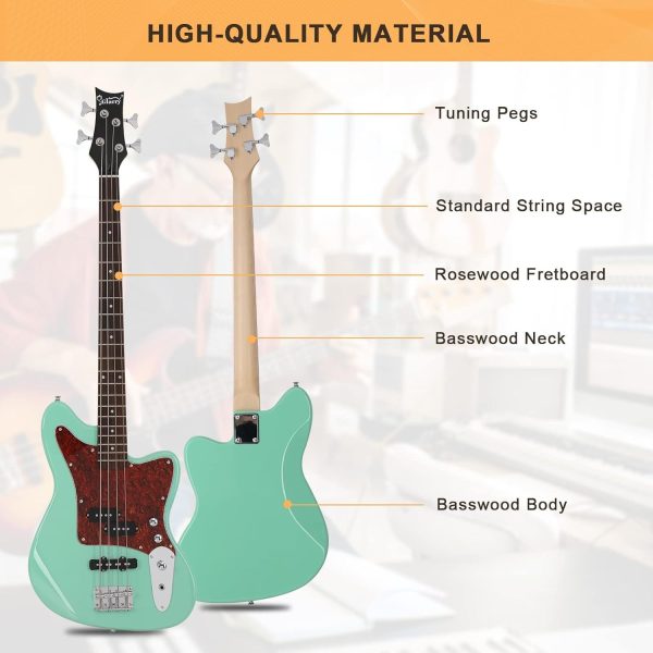 1pc glarry 4 string electric bass guitar kit for beginners, includes 20w amp, full size bass with digital tuner, amp cable, strap, gig bag, and accessories black, battery/usb powered, ≤36v