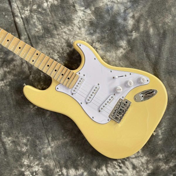 cream yellow 6 string solid basswood body electric guitar maple fretboard and neck st shape sss pickups chrome hardware