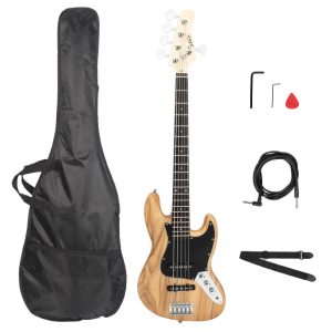 gjazz full size electric 5 string bass guitar with pickup, dual bridge system, warm burlywood tone ideal for jazz, rock, funk, blues includes strap, pick & connector wrench recycled wood construction professional bass guitar for advanced players, bass guitar gifts, jazz bassists gear, instrument, live performance, classic design, durable build, jazz musicians