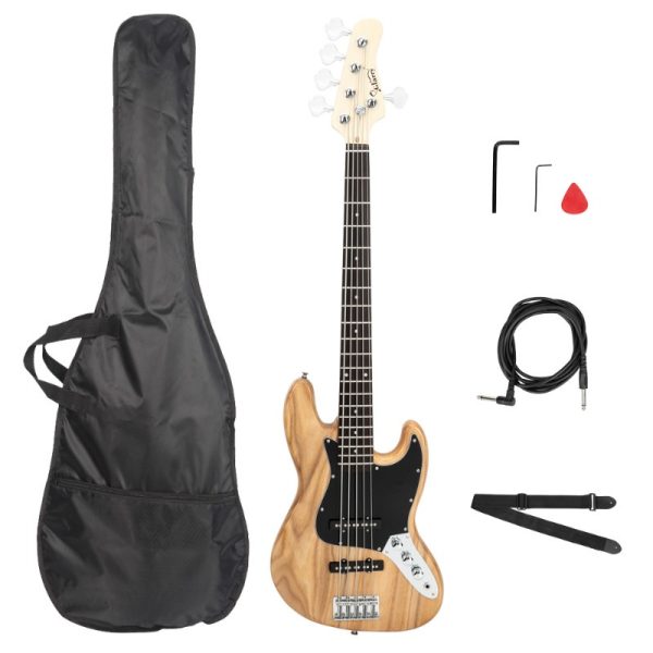 gjazz full size electric 5 string bass guitar with pickup, dual bridge system, warm burlywood tone ideal for jazz, rock, funk, blues includes strap, pick & connector wrench recycled wood construction professional bass guitar for advanced players, bass guitar gifts, jazz bassists gear, instrument, live performance, classic design, durable build, jazz musicians