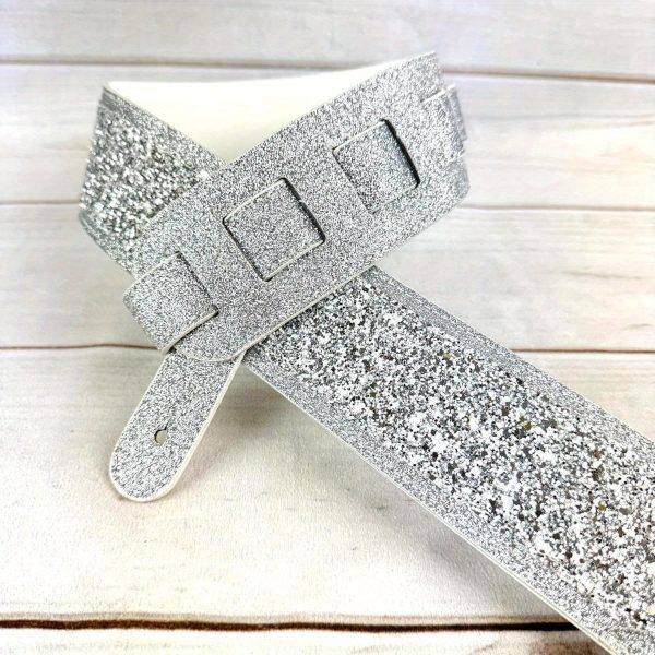 amp; wwgl108 aria glow silvery super sparkle glitter bomb padded guitar strap white glove leather back for acoustic, electric, and bass guitars