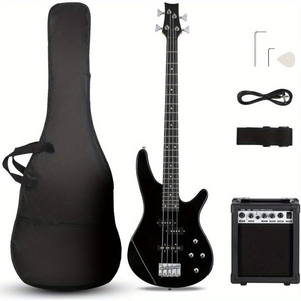 4 string electric bass guitar with 20w amplifier, pj pickup, maple neck & rosewood fretboard, basswood body – includes gig bag, shoulder strap, and accessories – perfect for live performances and practice sessions