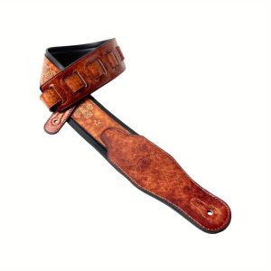 hmade gb23 vintage guitar strap heavy duty padded shoulder strap with non slip french chain, elegant latigo tan finish, compatible with acoustic, electric, bass guitars ideal for professional & beginner musicians, guitar accessories strap, fleur de lis pattern, brazilian rosewood board