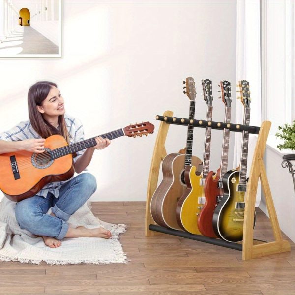 heavy duty guitar stand rack for multiple guitars foldable, adjustable guitar holder with non slip pads, space saving design, compatible with electric, acoustic, bass guitars & cases for home, studio, stage natural wood finish (no assembly required), studio organization, foldable design, nonslip padding