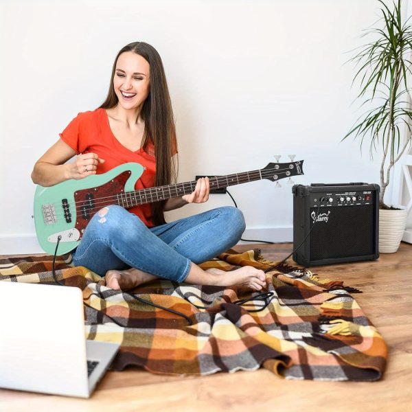 1pc glarry 4 string electric bass guitar kit for beginners, includes 20w amp, full size bass with digital tuner, amp cable, strap, gig bag, and accessories black, battery/usb powered, ≤36v