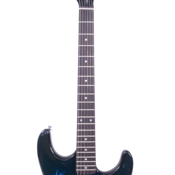 electric guitar with lightning bolt graphic design double pickup system, brazilian rosewood fingerboard & bridge, recycled wood body black & blue mixed color, no battery needed, durable for live performances & studio sessions