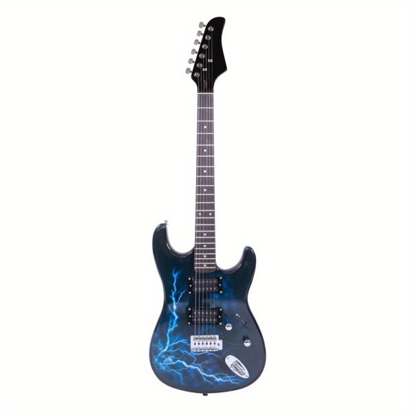 black & dark blue lightning style electric guitar ideal for beginners and enthusiasts includes power cord, strap, bag, plectrums & tremolo arm