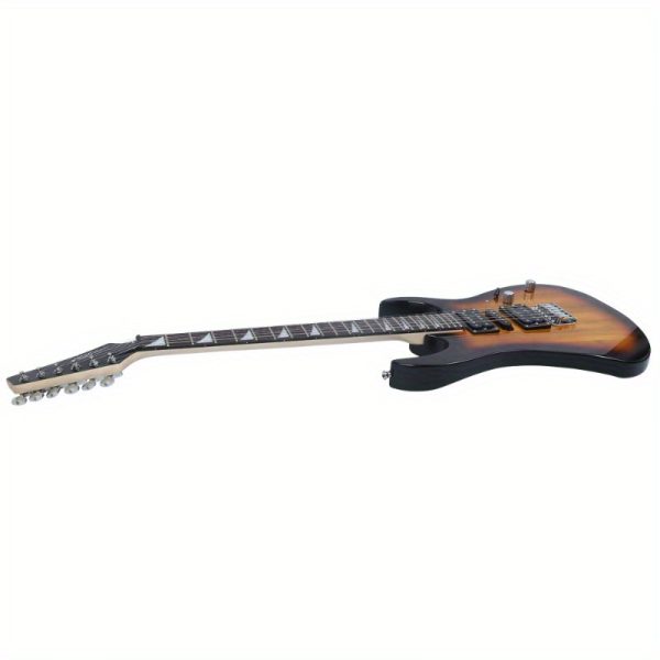 novice entry level 170 electric guitar hsh pickup bag strap paddle rocker cable wrench tool sunset color basswood & acacia wood, adjustable strap, durable construction, no battery needed, guitar accessories, rocker shaped paddle, natural wood finish