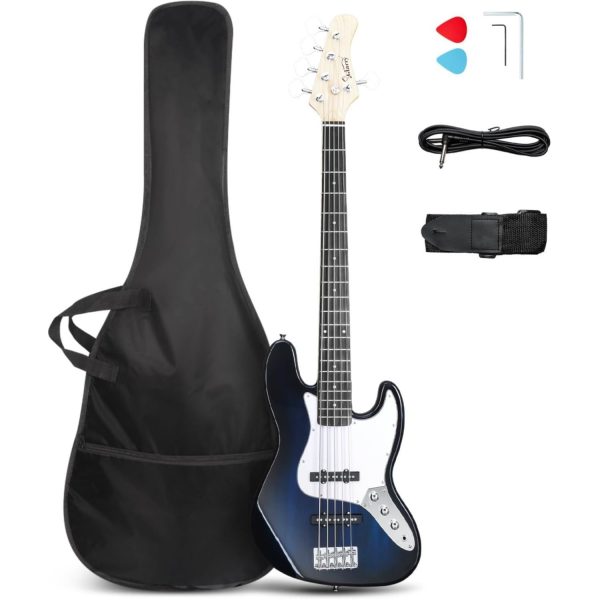 glarry 5 string electric bass guitar kit, dark blue with rosewood fretboard, includes carrying case, strap, cable, and picks ideal for beginners and all skill levels