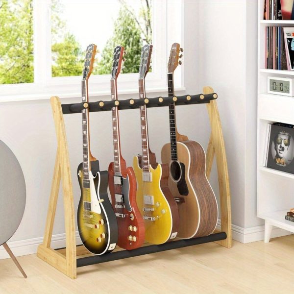 heavy duty guitar stand rack for multiple guitars foldable, adjustable guitar holder with non slip pads, space saving design, compatible with electric, acoustic, bass guitars & cases for home, studio, stage natural wood finish (no assembly required), studio organization, foldable design, nonslip padding