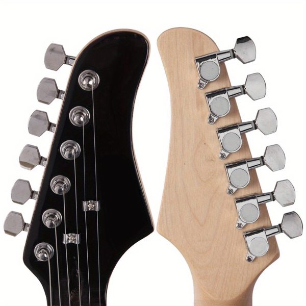 black & dark blue lightning style electric guitar ideal for beginners and enthusiasts includes power cord, strap, bag, plectrums & tremolo arm