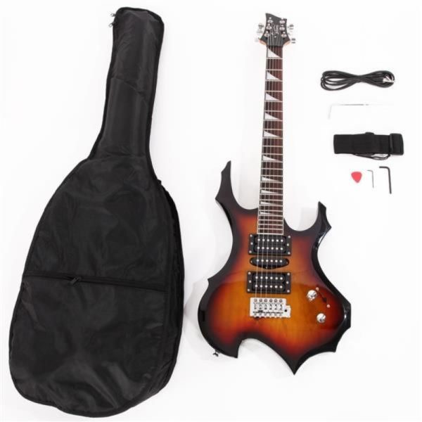 glarry flame shaped electric guitar with 20w electric guitar sound hsh pickup novice guitar audio bag strap picks shake cable wrench tool sunset color